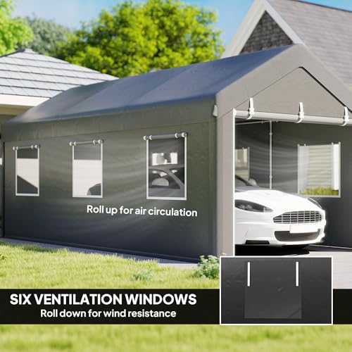 Outsunny 10' x 20' Carport Portable Garage Heavy Duty, Dark Grey | Car Port Canopy, 2 Roll-up Doors, 6 Ventilated Windows, for Car, Truck, Boat, Garden Tools