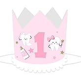 Merrystorm My First Tooth Party Hat, Pink Tooth Fairy Birthday Decoration Teeth Birthday Crown Sweet Hat for Baby Girl Bday Photo Booth Props