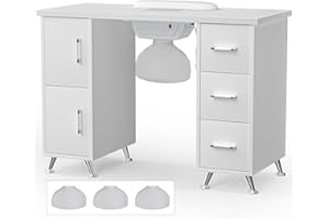 Charmmade Manicure Table Nail Desk with Dust Collector Professional Nail Desk for Nail Tech Table Station, Drawers and Cabinet, Metal Legs, Wrist Cushion, 3 Dust Bags, White
