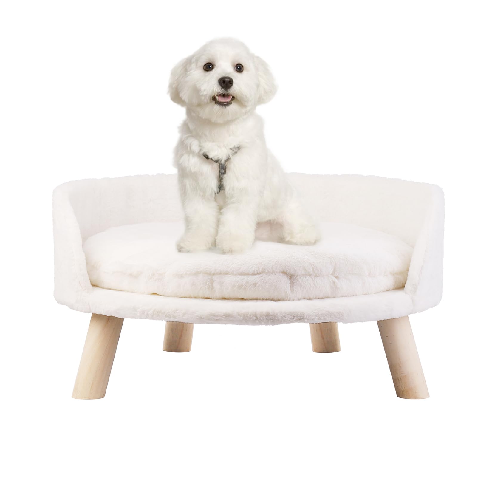 BingoPaw Cat Sofa Chair Bed: Elevated Nordic Pet Stool Bed with Removable Waterproof Mat - Raised Plush Fur Dog Kitten Couch with Wooden Legs Frame (Dia 60cm)