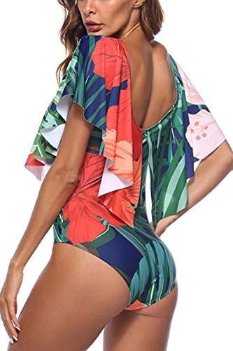 Jescrich Womens Tropical Retro One Piece Swimsuit Deep V Neck Ruffle Shoulder Bathing Suit Bikinis Beach Dress