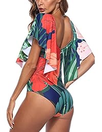 Jescrich Traje de baño de una sola pieza para dama, estilo tropical retro, cuello en V profundo, con volantes, hombros descubiertos, traje de baño, bikini, vestido de playa
