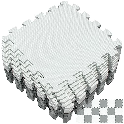 Yostrong® 18 Tiles Puzzle Play Mats for Floor | Interlocking Puzzle Foam Baby Play Mat for Playing - EVA Babies Crawling Mat. White, Gray. YOC-ALb18N