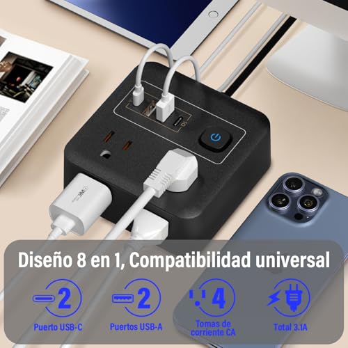 KIROGILY Multicontacto Extension Electrica con Protector Supresor de Picos Voltaje, 8 En 1 Regleta Multicontactos USB Hogar Oficina, Sleek Socket con Enchufe Plano, 4 Salidas Y 4 USB (2 USB-C), 1.8 M