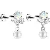 Niaspi 18G CZ Flower Pearl Dangle Flat Back Stud Earrings G23 Titanium Internally Threaded Cartilage Conch Helix Daith Earrings Studs Dangling Cartilage Piercing Jewelry for Women 8mm