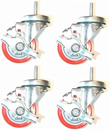 (Pack of 4) Stem Casters with 3" Red Non-Marking Wheels and 3/8" Threaded Stems