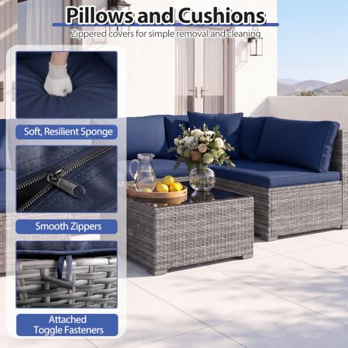 Tangkula 7 Pieces Wicker Patio Furniture Set, Outdoor Sectional Rattan Sofa Set with Seat & Back Cushions, Pillows, Coffee Table, Modular Conversation Set for Backyard, Poolside, Deck & Garden (Navy)