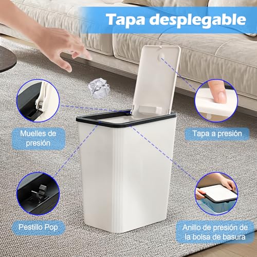 Bote de Basura para Baño con Tapa Juego de 4, 13 L/3.4 Gallon de Basura Cocina, para Baño, Cocina, Despacho, Dormitorio, Aseo, Salón,Cesto de Basura Delgado y Compacto(Beige)