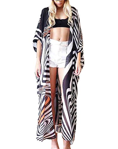 Bestyou Women's Print Chiffon Dress Kimono Cover up Swim Long Beach Cardigan (Zebra)