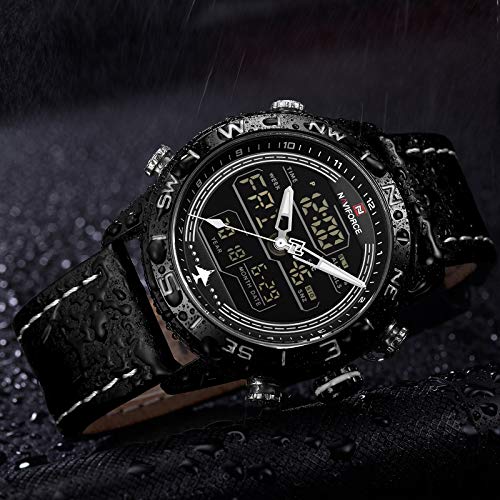 Genuine Leather Band Analog Digital LED Dual Time Display Outdoor Sport Watch Mens Watch Black - Thumbnail 3