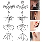 JieyueJewelry 4 Pairs Lotus Flower Earrings Stud Jacket Earrings Simple Chic Earrings Back Cuffs Stud Earring sets for Women Girls(Silver)