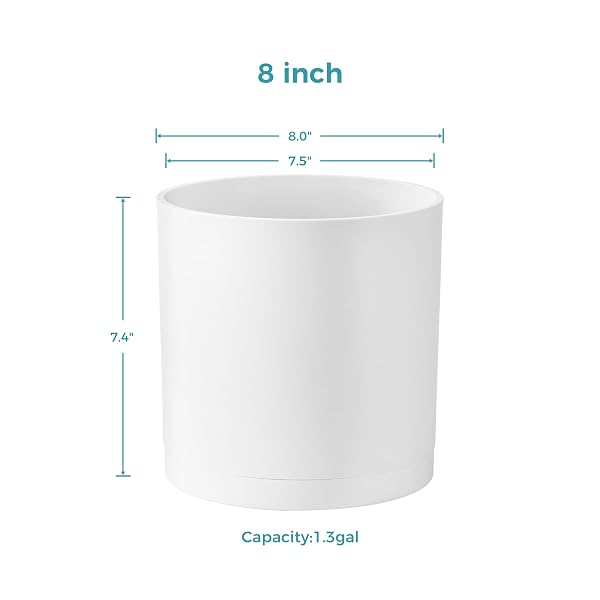 FAITHLAND 8-INCH MODERN CYLINDER PLANTER, THICK-WALLED PLASTIC PLANT POT WITH DRAINAGE HOLES AND DETACHABLE SAUCER, MATTE WHITE, IDEAL FOR INDOOR & OUTDOOR PLANTS FLOWERS