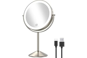 Gospire 8 Inch Lighted Makeup Mirror 1X/10X Magnifying LED Makeup Mirror 3 Color Dimmable Lighting Modes Rechargeable Cordless Cosmetic Mirror with Touch Control Vanity Mirror 360° Rotation(Nickel)