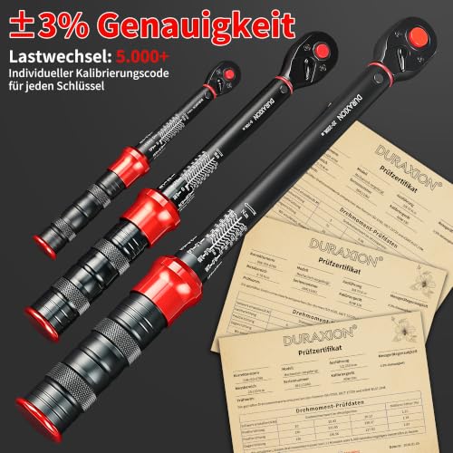 DURAXION 9-piece torque wrench set 1/2 inch, 3/8 inch, 1/4 inch, ±3% error accuracy, 72 teeth, small torque wrench 20-230 Nm, 5-70 Nm, 1-26 Nm, for tyre change, car, bicycle, motorcycle, truck, NKW