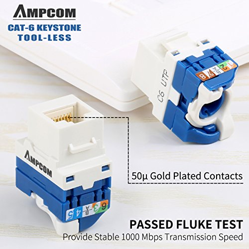 10-PACK CAT6 Toll Less Keystone Jack,AMPCOM RJ45 Self-Locking Cat.6 Keystone Module Adapter No Punch-Down Tool Required Couplers For Wall Plate UTP White - Thumbnail 3