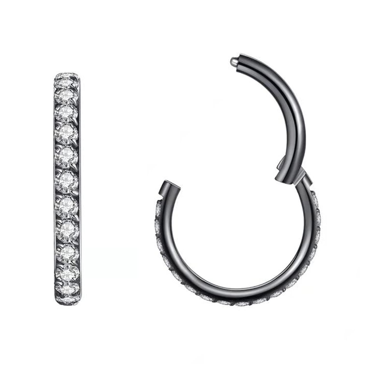 Popuhoops 16g Hoop Nose Rings with Zircon CZ 6mm 16 Gauge Nose Ring Hoop Black Septum Clicker Jewellery 316L Surgical Steel Body Piercing for Cartilage Earring Helix Ear Lobe Daith Rook Conch Tragus