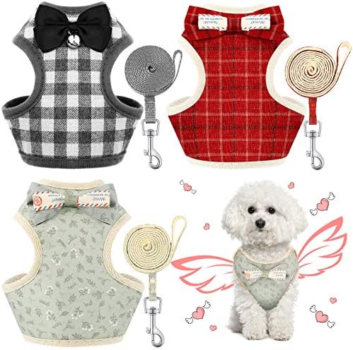 3 Pieces Puppy Harness and Leash Set No Pull Plaid Walking Harness Adjustable Mesh Dog Harness with Bow Pet Comfort Padded Vest for Small Dogs and Cats, 3 Styles