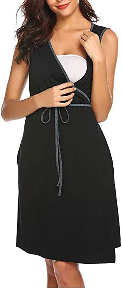 Women's Maternity Pregnant Gown Robe Nursing Sleeveless Nightgown Hospital Dress Breastfeeding Nightdress