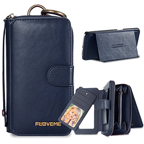 Samsung Galaxy Note 5 Removable Compartments Slim Wallet Case, FLOVEME Dual Layer Magnetic PU Leather Handbag Clutch Cash ID Credit Cards Holder Flip Pouch Kickstand Protective Cover Wristlet, Blue