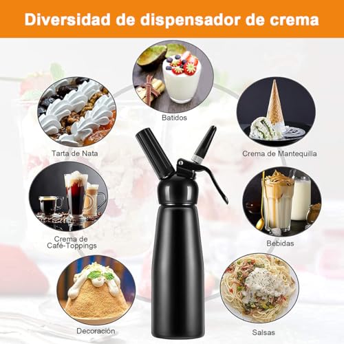 Dispensador de Crema Batida Sifón Crema Batida Máquina Profesional de Batir Crema, Fabricante Espuma de Batido con Sifón 3 Boquillas, Batidor de Crema para Cremas Hechas en Tarta Postre Café, 500ml