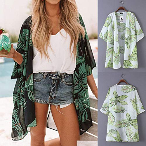 Women Casual Floral Short Sleeve Chiffon Kimono Shawl Sheer Cover Up Top - Thumbnail 6