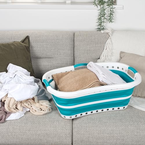 Beldray Hip Hugger 37L Laundry Basket, Foldable and Lightweight Laundry Basket, Ergonomic Basket Space-Saving and Portable, Includes Air Holes and 3 Ergonomic Handles, Turquoise