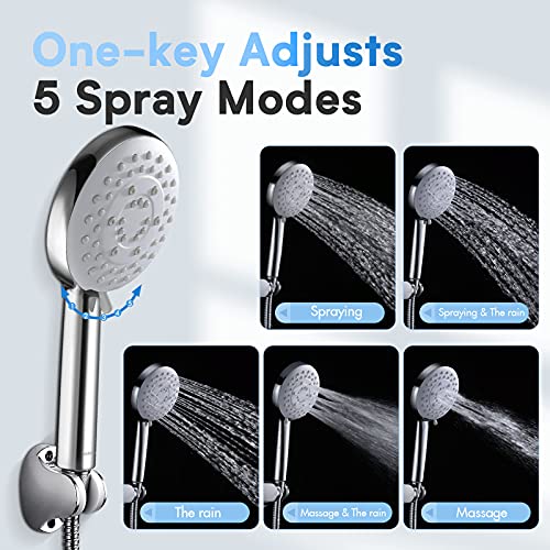 Shower Head with High Pressure, Watersong Water Saving Handheld Shower with 5 Spray Settings, Adjustable Flow, Universal Bathroom Showerhead Easy Install in 2 Minutes Easy Clean with Silicone Jets