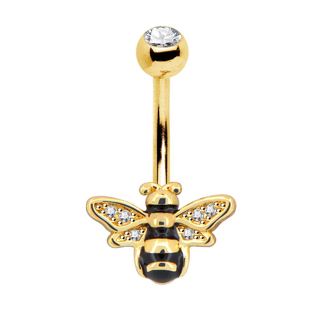 OUFER Belly Bars 14G 316L Surgical Steel Dainty Bee Belly Button Bar Yellow Epoxy Clear CZ Navel Piercing Belly Button Ring Body Piercing Jewellery