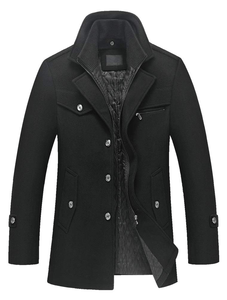 Lavnis Men's Woolen Jacket Casual Single Breasted Zipper Trench Coat Outerwear with Multi Pockets-Style4-Black-XL