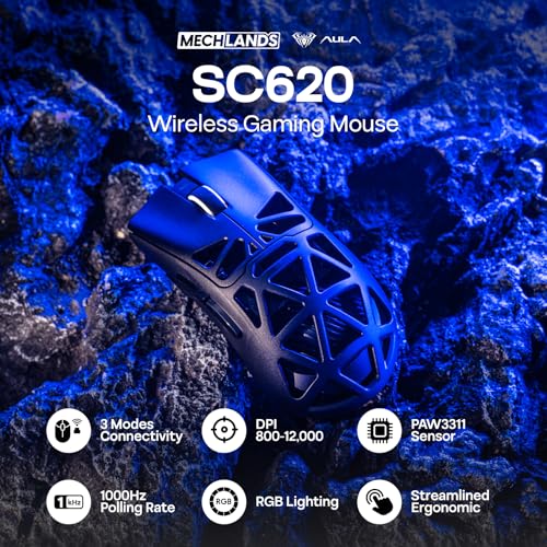 MechLands AULA SC620 Gaming Mouse, 2.4G/USB-C/BT Wireless Mouse with 400mAh Battery, Adjustable 12,000 DPI & 1000 Polling Rate, PAW3311 Sensor, RGB Lighting, Programmable Buttons, for Win/Mac (Black)