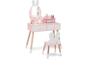 HONEY JOY Kids Vanity, Rabbit Themed Toddler Wooden Makeup Table and Chair Set w/2 Large Drawers, Beech Wood Legs, Princess Dressing Beauty Table, Girls Vanity Set with Mirror and Stool (White)
