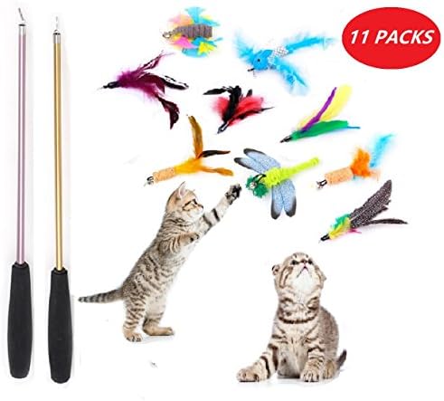 11 refill Cat Toys Interactive (2 wands) Cat Toy Wand feather cat toy assortment cat interactive toys cat toy butterfly, bird, mouse, worm, butterfly, cats meow