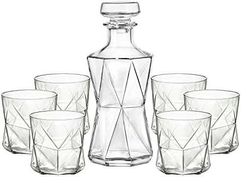 James Scott High-end Modern geometric design European Made 7-Piece Whiskey Decanter Set with six 10 oz. Glasses and Scotch Decanter with Stopper- Unique Elegant Dishwasher Safe Liquor Bourbon Decanter