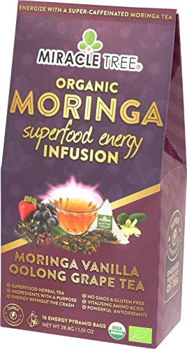 Miracle Tree's Energizing Moringa Infusion - Vanilla Oolong Grape | Super Caffeinated Blend | Healthy Coffee Alternative, Perfect for Focus | Organic Certified & Non-GMO | 16 Pyramid Sachets - Thumbnail 2
