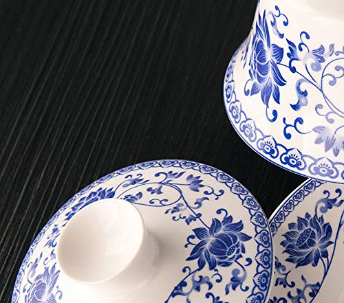 Chinese Porcelain Teacups 6.7oz Gaiwan Flower Tureen Tradition Sancai Cover Bowl Lip Cup Saucer Tea Set for Loose Tea Espresso (200ml Blue lotus)