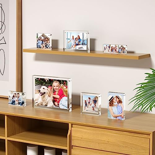 AITEE 4x6 Acrylic Picture Frames 3 Pack, 20% Thicker Block, Clear Picture Frames Freestanding Double Sided Magnetic Acrylic Lucite Frameless Transparent Square Frame Gift for Desktop Display