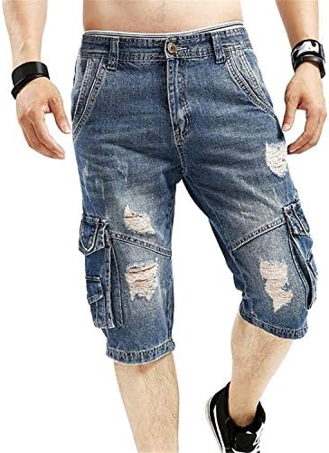 Summer Mens Retro Cargo Denim Shorts Vintage Acid Washed Faded Multi-Pockets Military Style Biker Short Jeans for Men