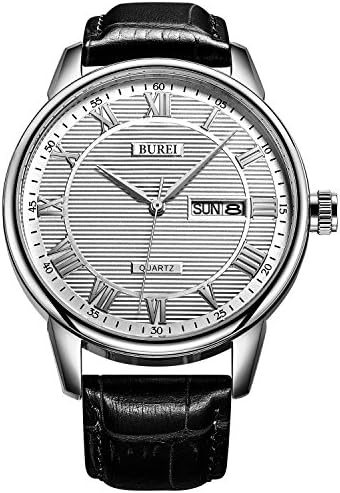 BUREI Men's Business Analogue Quartz Wrist Watch with Day Date Calendar and Calfskin Leather Band in Classic Design for Men (White dial - black leather)