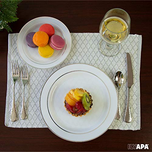 image for Ilyapa 50 Premium Silver Rim Plastic Plates for Dinner Party or Weddin