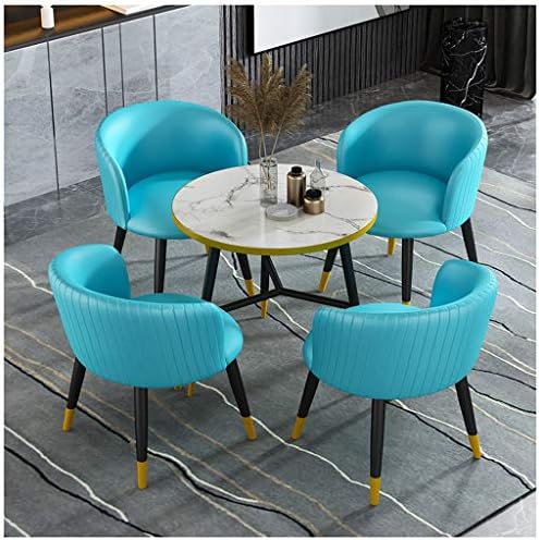 オフィスのテーブルと椅子の組み合わせ レジャーテーブルと椅子セット 海外 コーヒーショップ レストラン ベッドルーム キッチンテーブルと椅子 テーブル1脚と椅子4脚 Color バルコニーテーブルと椅子 80cm小型丸テーブル Blue 革