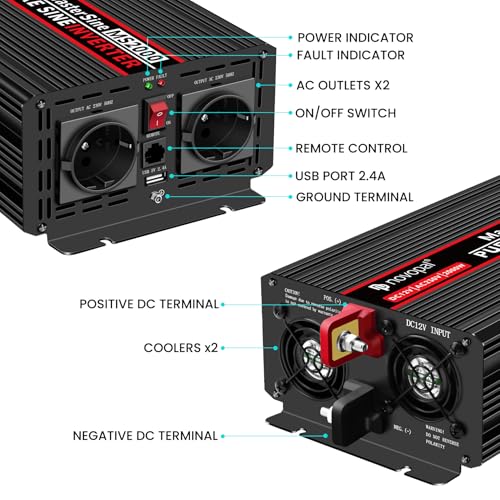 Novopal 2000W Pure Sine Wave Power Inverter DC 12 V in AC 220 V with 2 EU Socket, 1 USB, 5 M Remote Control, Suitable for Houses, Motorhomes, Trucks, Peak 4000 W