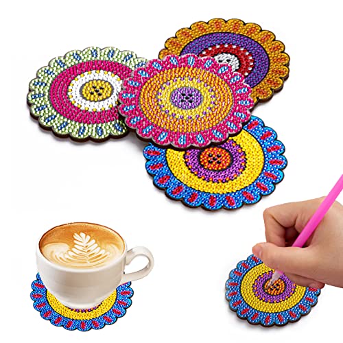 4 Pcs Diamond Paintings Coasters, DIY Coasters Small Diamond Painting Kits for Beginners, Adults & Kids Diamond Art Craft Supplies Home Decor(without iron holder)