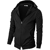 Ohoo Mens 100% Cotton Hoodie Two Way Zipper Slim Fit Wide Hood Thin Lightweight Full Zip Hooded Sweatshirt