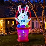 HOOJO 7 Ft Easter Inflatables Bunny with Basket and Eggs Decorations - Blow up Party Decor for Indoor Outdoor Yard with Color Changing LED Lights
