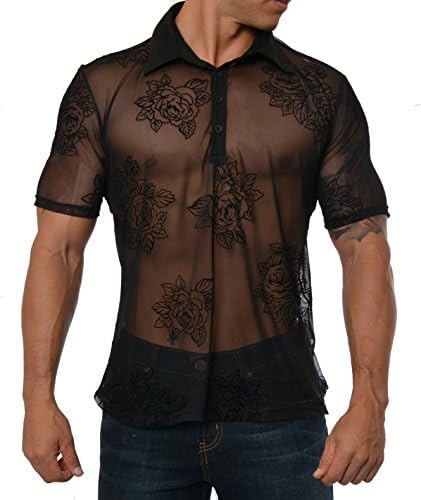 MissionLA Sexy Mesh See-Through Polo Shirts for Men (Made in America) Black Flocking Medium