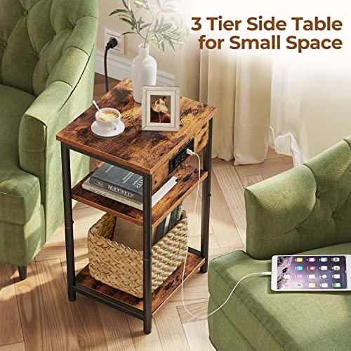 Rolanstar End Table with Charging Station, 3 Tier Slim Nightstand with