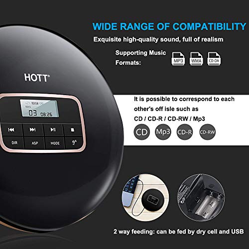Portable CD Player, HOTT Personal Compact Disc CD Player with Headphones, Anti-Skip/Shockproof Protection Small Music CD Walkman MP3 Players with LCD Display for Adults Students Kids, Gift for Car Use