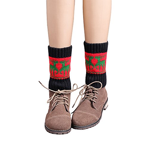 2015 Women Leg Warmer Christmas Reindeer Reversible Knit Boot Cuff Topper Socks, Black and Red