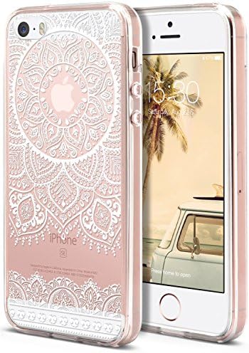 iPhone SE / 5S / 5 Case, ROOEL [White Mandala Henna Lace Artwork Pattern] Slim Soft Protective TPU Bumper Frame Hard Clear Transparent Acrylic PC Plastic Back for Apple iPhone 5S Phone Cover