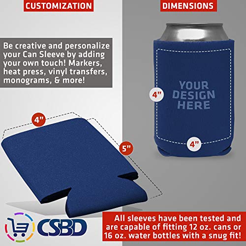 CSBD Beer Can Coolers Sleeves, Soft Insulated Reusable Drink Caddies for Water Bottles or Soda, Collapsible Blank DIY Customizable for Parties, Events or Weddings, Bulk (50, Blue)